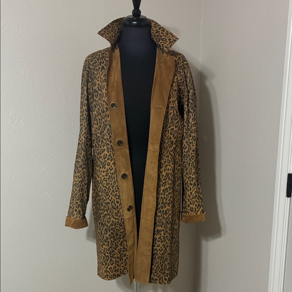 Leopard/tan suede reversible long coat